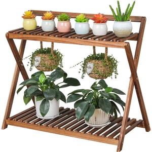 Indoor Plant Stand for Multiple Plants 2 Tier Wood Corner Plant Shelf Rack with Planter Hanger Outdoor Flower Pot Stand Holder for Yard Patio Garden Balcony Porch Living Room ( Rustic X-Cross)