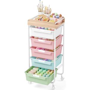 Rolling Storage Utility Cart with 5 Drawers,Colorful
Craft Cart with Wheels,Makeup Organizer,Art Supply And Storage Wooden Tabletop