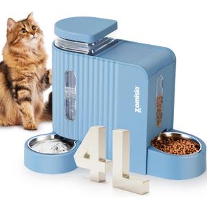 Gravity Cat Feeder and Water Dispenser with 304 Stainless Steel Bowls, 2 in 1 Automatic Cat Feeder with 180 Degree Rotatable Water Bowl, Large Capacity for Puppy Kitten Rabbits, Blue