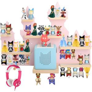 for Toniebox 2 and Toniebox 1 Tonie Shelf Wall Mounted Set,Tonies Figures Tonies Storage,Magnetic Wooden Floating Shelves Compatible with Tonie box Player Character for Children Room (pink-castles)