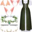 Bonuci 6 Pcs Women Renaissance Costume Fairy Dress Medieval Costume with Elf Ears, Moon Head Chain and Woodland Fairy Crown (X-Small, Light Green)