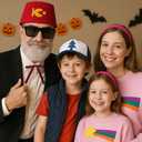 8 Pcs Halloween Old Man Costumes Accessories, Red Fez Hat, Gray Beard Eyebrow, Black Square Glasses, Fake Ears, Long Silk Bow Tie for Halloween Men Cosplay Dress up