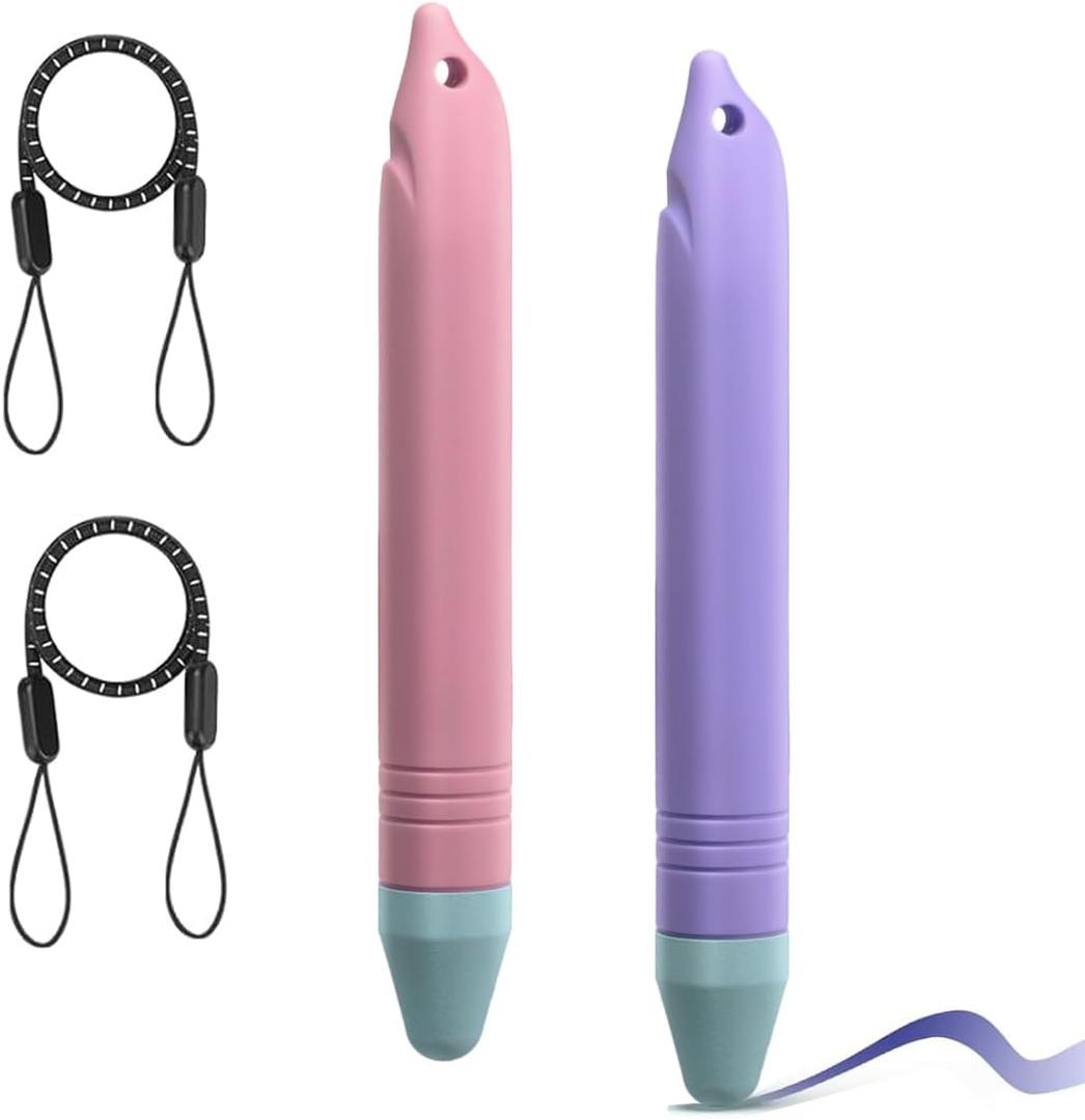 Kids Stylus Pens for Touch Screens with Tethers, Meeaja Anti-Rolling Tablet Stylus 2 Pack for Kids, Compatible with All Touch Screen Devices, iPad and Android Devices (Pink+Purple)