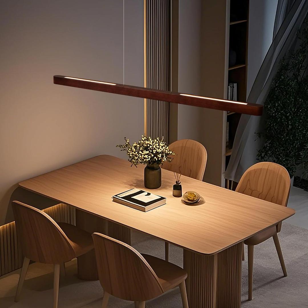 43.3" Wood Linear Pendant Light, Dimmable Kitchen Island Lighting with Remote, 24W LED Hanging Pendant Light, Island Lights for Dining Room, Kitchen Island, Bar, Pool Table-Walnut Color