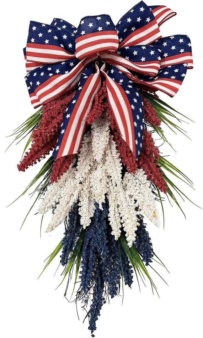 19.7 Inch Patriotic Wreath for Front Door 4th of July Wreath Independence Day White Blue Red Garland for Memorial Day Veterans Day Front Door Decoration Hanging Ornaments