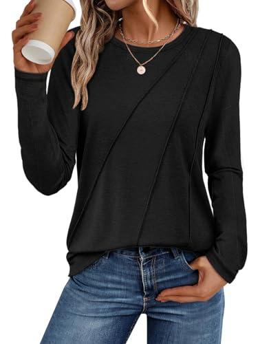 ATHMILE Womens Long Sleeve Shirts Pleated Crew Neck Casual Fall Fashion Ladie Tops Loose Fit Spring Clothes Beach Vacation Black, L