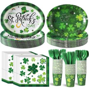 350 Pieces St. Patricks Day Party Supplies Irish Party Tableware Set for 50 Guests Include Oval Dinner Plates Dessert Plates Napkins Paper Cups Plastic Forks Spoons Knives