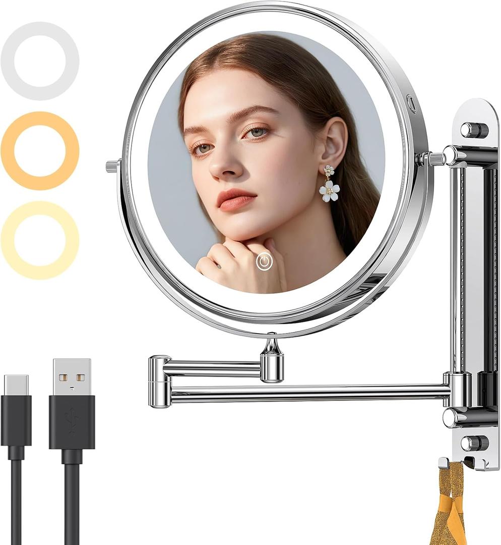 Gospire 9 Wall Mounted Lighted Makeup Mirror with Magnification 10X, 7in Height Adjustable Vanity Lighted Mirrors for Bathroom Wall, 360 Extended Arm Shaving Wall Mirror with Lights - Chrome