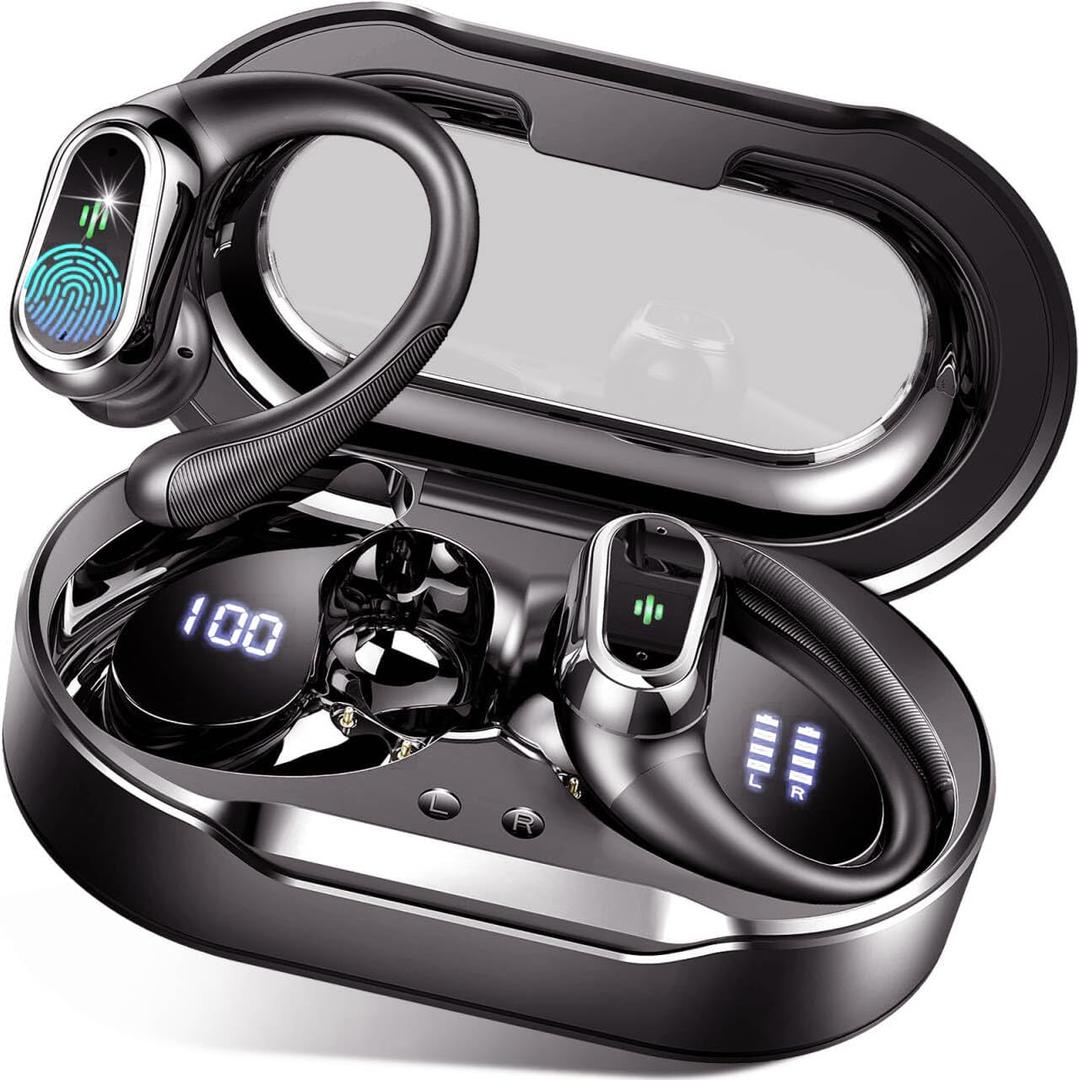 Wireless Earbuds, 2025 Bluetooth 5.4 Headphones Sport, Bluetooth Earbuds with ENC Noise Canceling Mic, 50H Stereo Wireless Headphones IP7 Waterproof with Earhooks, Dual LED Display for Workout/Running (Cream Black)