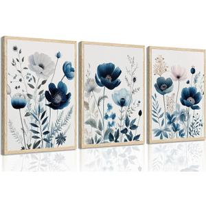 Botanical Wall Art Boho Wall Decor Navy Blue Wall Decor Floral Painting Blue and Gray Posters Minimalist Botanical Print Wall Art for Living Room Bedroom Bathroom 16×24 in*3