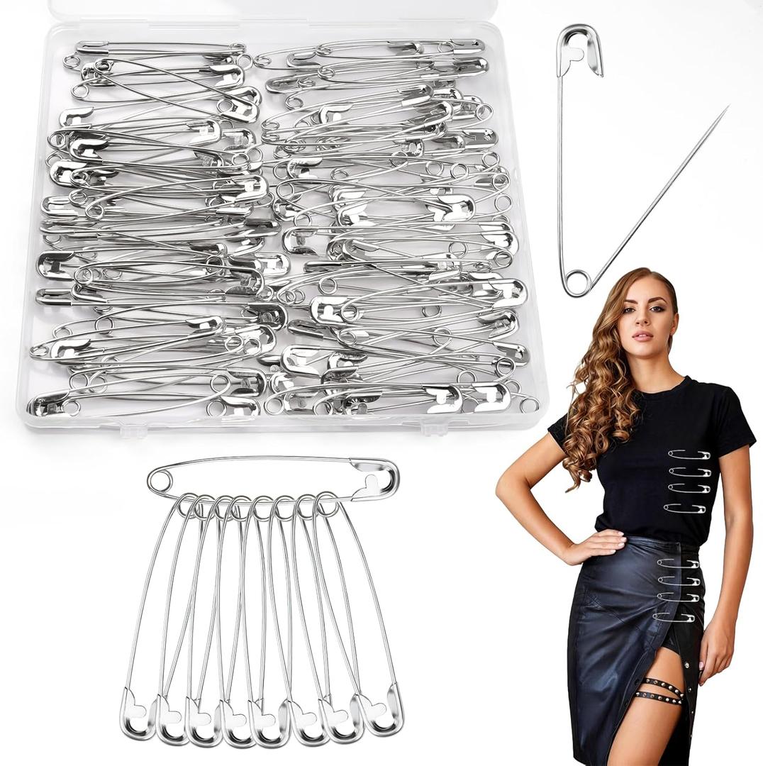100 PCS 3 Inch Large Safety Pins for Clothes, Big Heavy Duty Safety Pins, Rust-Resistant Nickel Plated Steel Clothing Pin for Clothes Sewing Craft