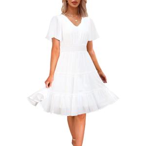 Zattcas Women 2024 Spring Summer Dress Chiffon Short Sleeve V Neck Smocked Casual Flowy A Line Boho Tiered Modest Teacher Work Vacation Midi Dress White XL