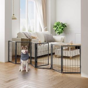 Dog Gate Indoor, 94.4" Wide Freestanding Pet Gate with Door Walk Through, 6 Panels Folding Dog Fences for Doorway, Stairs, Pet Puppy Safety Fence with Support Feet, Black DGHB26901N1