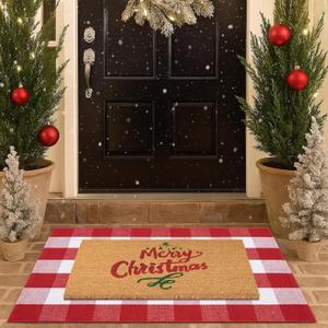 Christmas Door Mat Combo Set - 100% Coco Coir Welcome Mat + 28 x 43 Inch Red and White Plaid Rug, New Year Holiday Christmas Collection Doormat for Front Porch Entryway Decorative