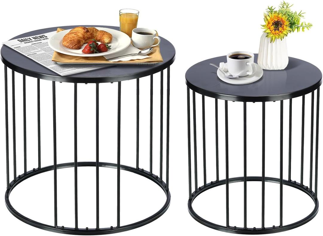 Outdoor Side Table Set of 2, Metal Circle Accent End Tables for Balcony Backyard Garden Indoor Living Room, Durable Black Nesting Coffee Tables, 20+16 Dia