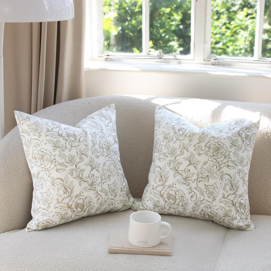 Juto 100% Cotton French Country Floral Throw Pillow Covers, Taupe White 20x20 inch Farmhouse Chinoiserie Decorative Cushion Covers for Couch Bed Living Room, Pack of 2