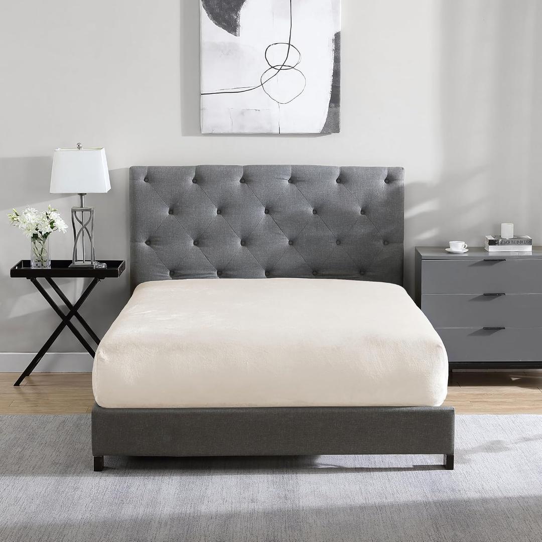 Cathay Home Queen Plush Fur Fitted Sheet - Ultra Soft & Thick Plush Fur - All Season Cozy Warmth - 12" Deep Pocket Fitted Sheet Only (Queen, Cream)