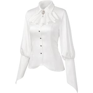 Women's Fashion Shirt Elegant Vintage Gem Brooch Ruffled Long Sleeve Blouse Medium