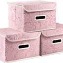 PRANDOM Collapsible Storage Boxes with Lids Fabric Decorative Storage Bins Cubes Organizer Containers Baskets with Cover Handles Divider for Bedroom Closet Living Room 9.8x7.9x6.7 Inch 3 Pack (Pink)