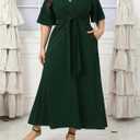 Ekaliy Women's Elegant Wedding Guest Dress Adjustable Tie Front V Neck Ruffle Sleeve A Line Formal Maxi Church Dresses (Green, M)