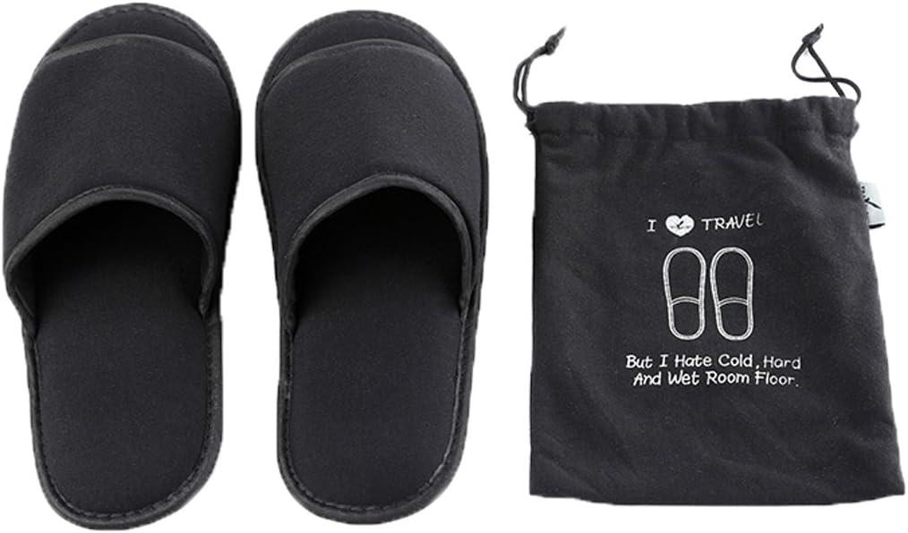 Foldable Portable Slippers Washable Open Toe Towelling Slippers with Storage Bag for Spa Travel Hotel/Home Guest 34-43 (Black)