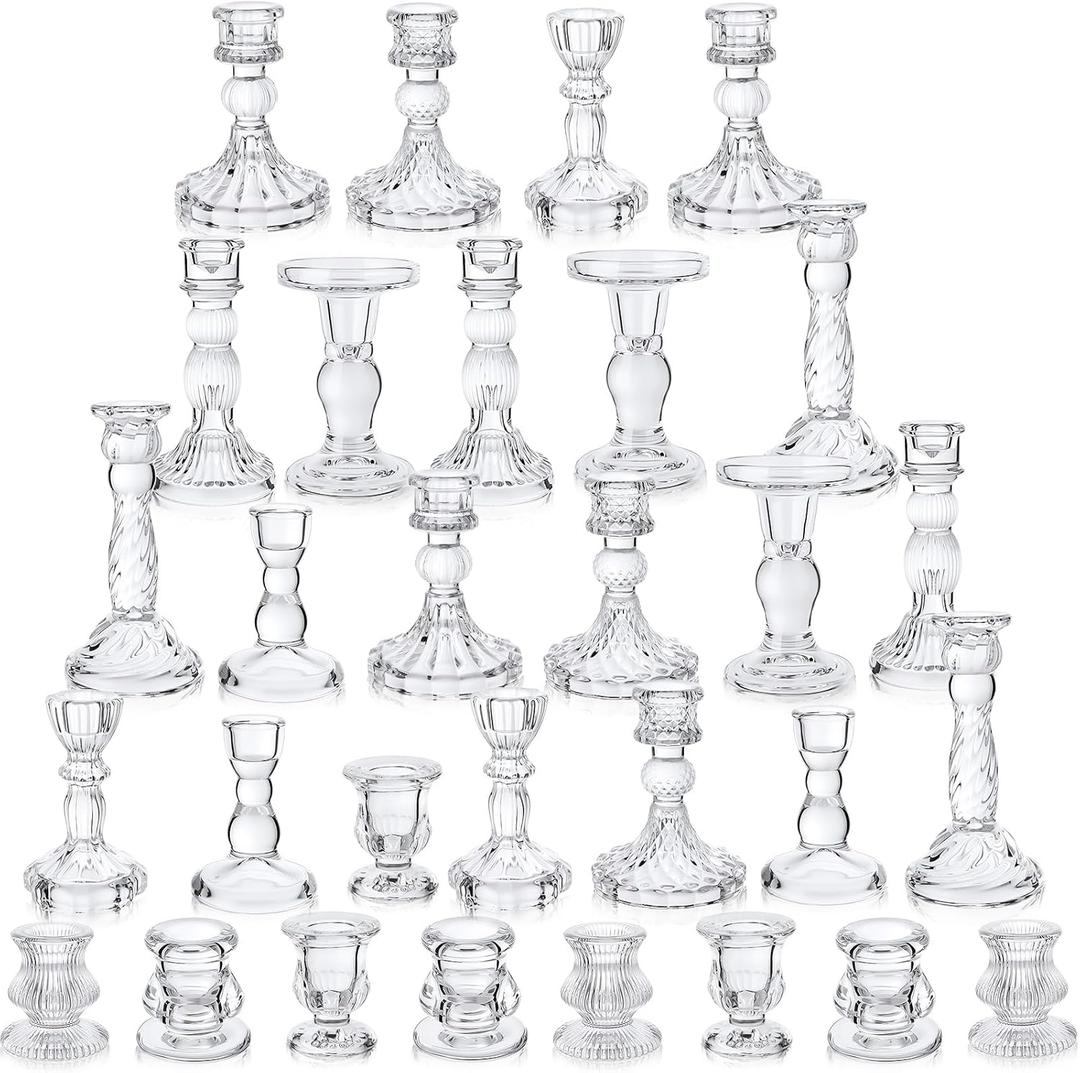 Mumufy 30 Pcs Glass Crystal Taper Candle Holders Clear Glass Candlestick Holder Fit 0.8 Inch Candles Crystal Decorative Candle Stand Centerpiece Table Wedding Dining Party(Clear)