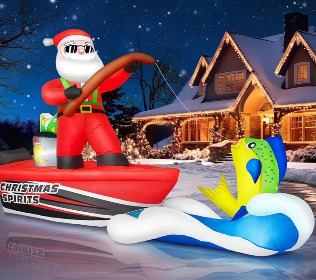 12FT Long Christmas Inflatables Santa Sea Fishing on Giant Boat, Christmas Decoration Outdoor Huge Blow Up Yard Decorations Large Blowups with LED Lights for Xmas New Year Holiday Party