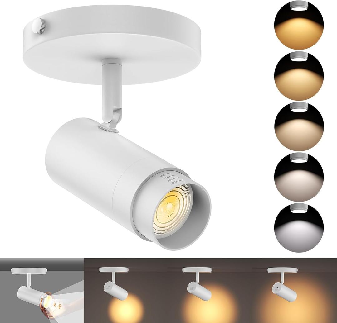 10W Zoomable 5-Color LED Ceiling Spotlight White Directional Ceiling Light Indoor Adjustable Ceiling Spot Light Fixture Dimmable Flush Mount Accent Lighting 15-60 for Kitchen 1000lm CRI90