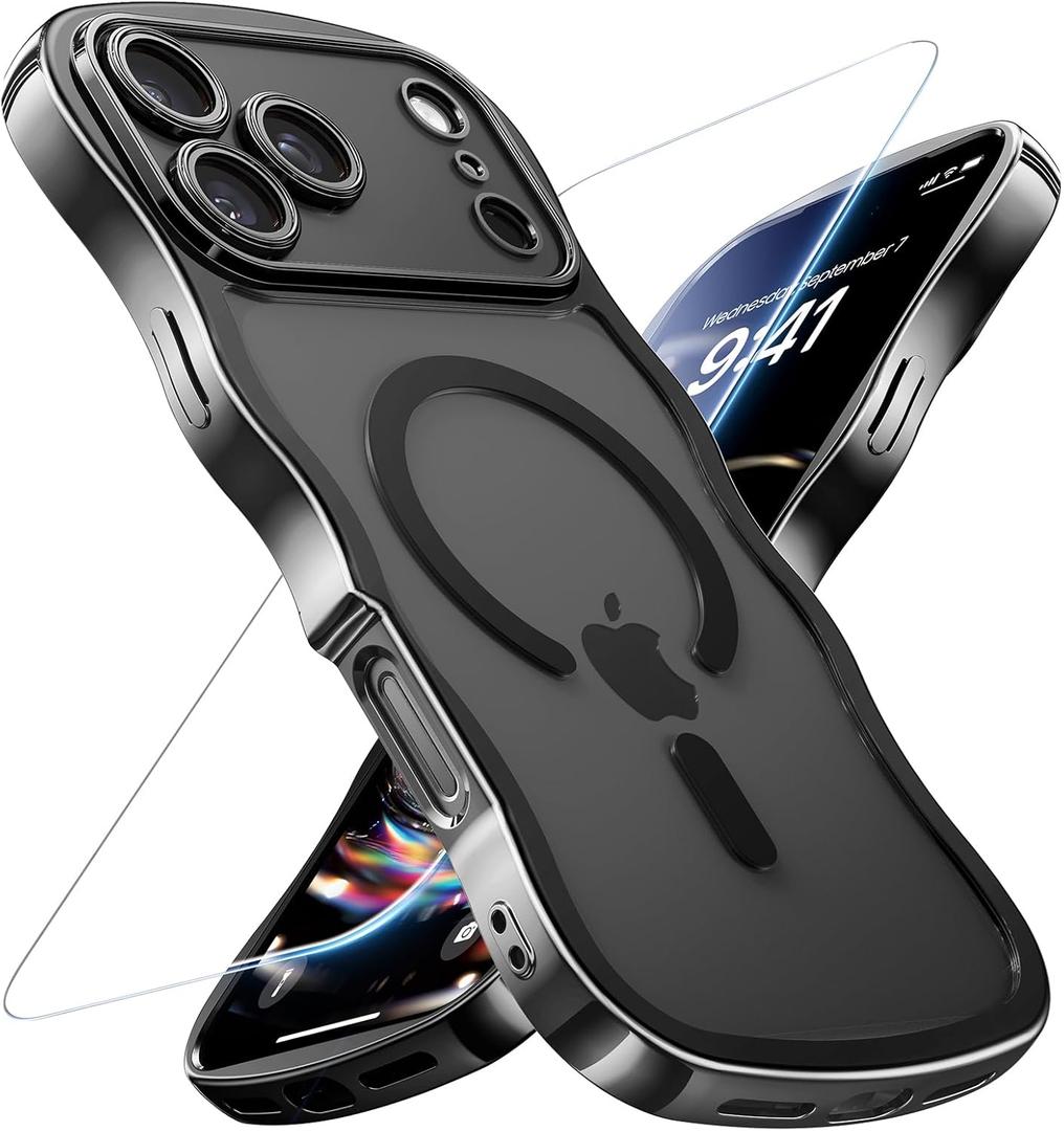 3 x for iPhone 17 Pro Max Case: [Cute Wave Frame][Fit for MagSafe] Military Drop Shockproof Protection, Camera Protective Glossy Slim Magnetic Wavy Phone Cover for Women Girls 6.9'', Clear/Black