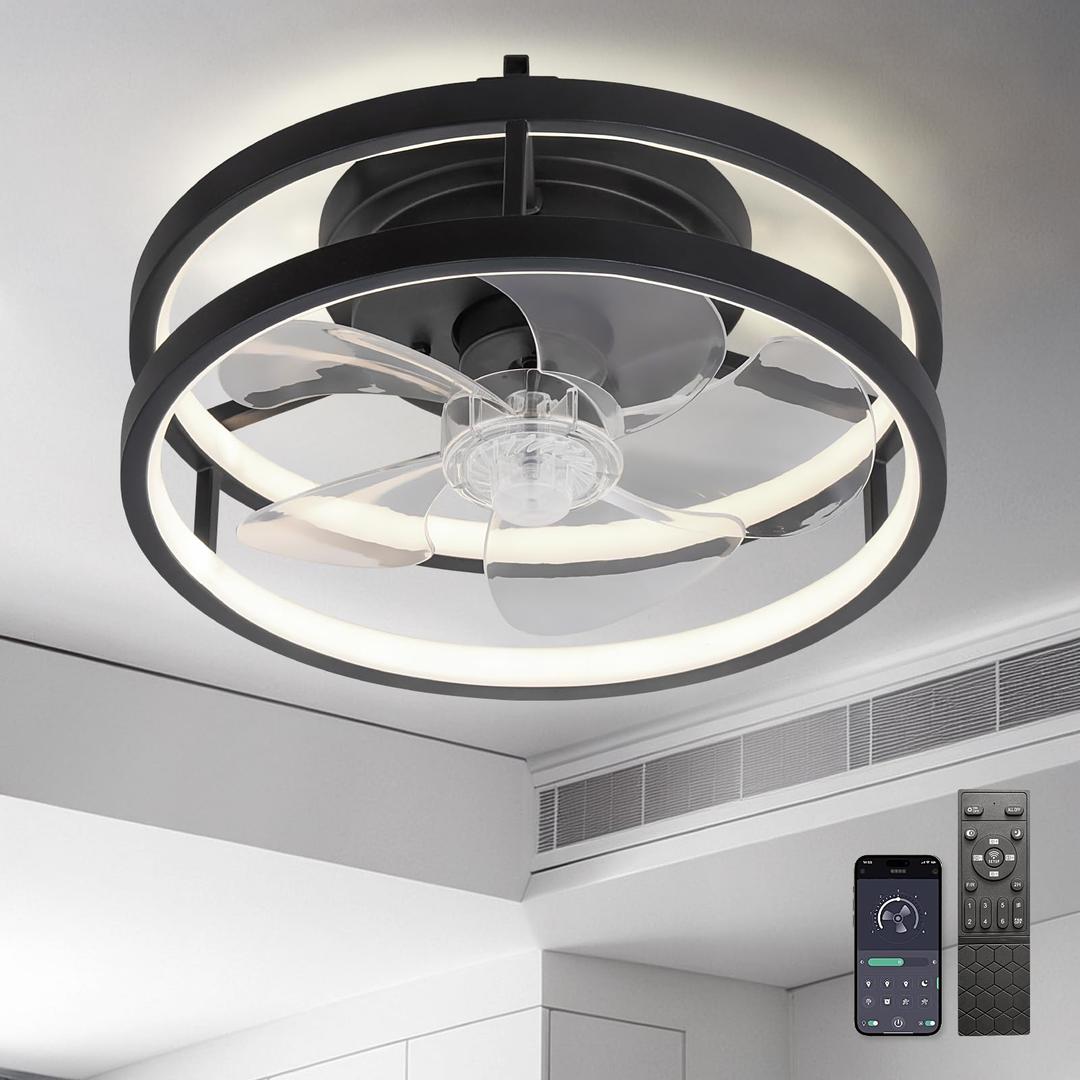 13" Small Low Profile Ceiling Fans with Lights and Remote, LED Fan Light, Modern Fandelier Compact Ceiling Fans Flush Mount for Bedroom Small Room (Black 001)