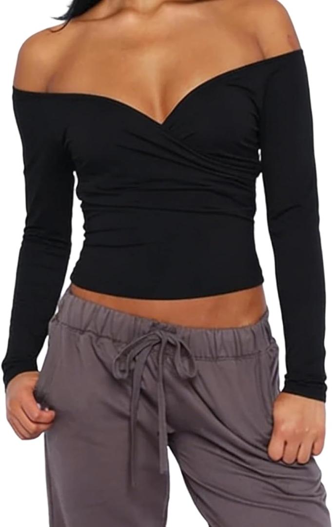 Women Off Shoulder Wrap Tops Long Sleeve Solid Color Slim Fitted T-Shirt Ruched Crop Tops (Black, S)