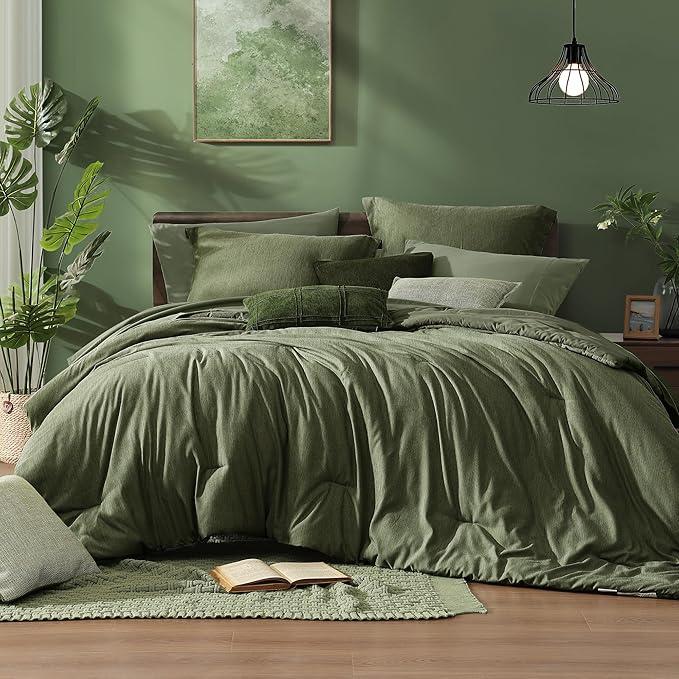 King Size Comforter Set, Olive Green King Bed Set Reversible, King Size Comforter Set 7 Pieces, Cationic Dyeing Bed in a Bag with Comforter, Sheets, Pillowcases & Shams