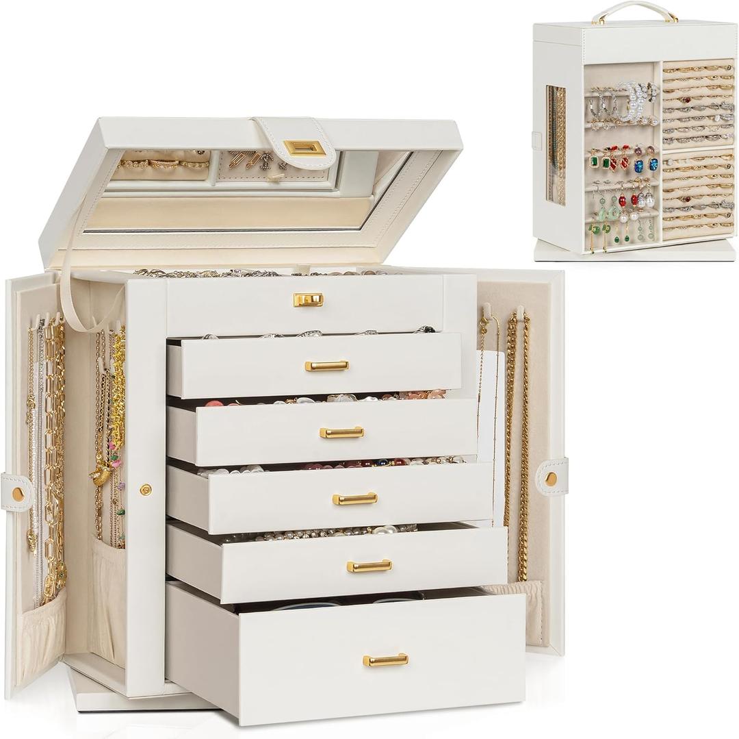 AKOZLIN Jewelry Box 6-Tier Organizer Functional 360 Rotating Jewelry Storage Case for Women Girls Ring Necklace Earring Bracelet Holder with Mirror (Extra Large-Rotating, White)