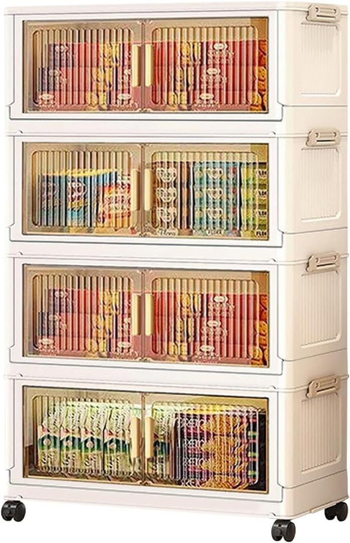 4 Tier 20 Gallons Stackable Storage Bins with Wheels & Doors Foldable Plastic Organizer Drawers for Closet/Dorm, Cream with Removable Lids (Clear)