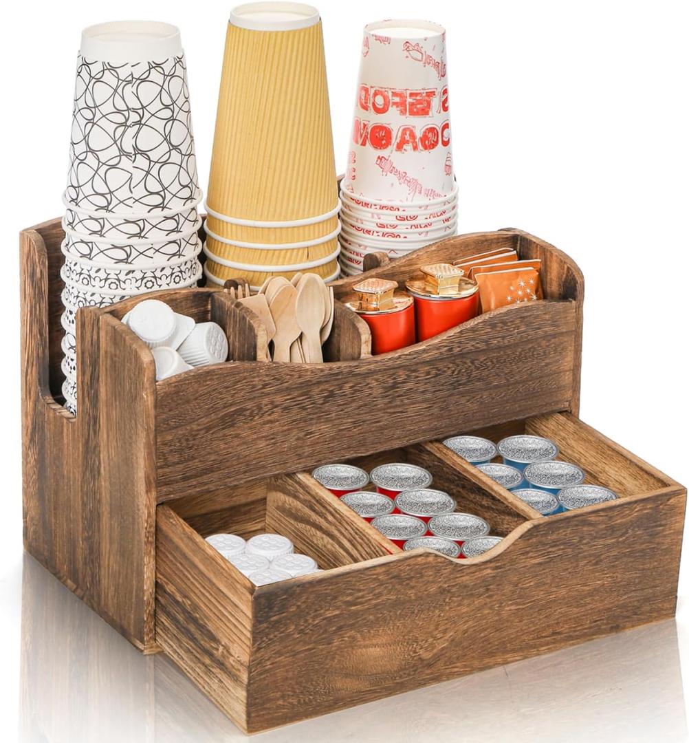 Coffee Station Organizer, Wood Countertop Coffee Bar Supplies Caddy with 6 Compartments, Condiment Service Organizer Tea Holder for Coffee Cups, Syrup, Stirrers