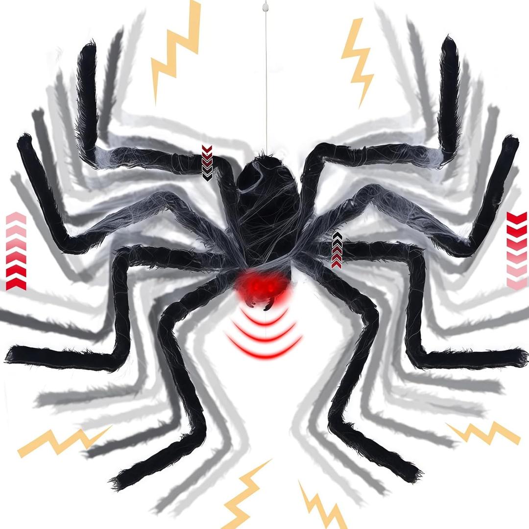 yosager Halloween Decor Electric Dropping Spider Upgrade 47in (Stretched Legs), Voice Activated Moving Hanging Spider with Red Eye & Spooky Sound, Large Scary Prop House Door Wall Window Yard Patio