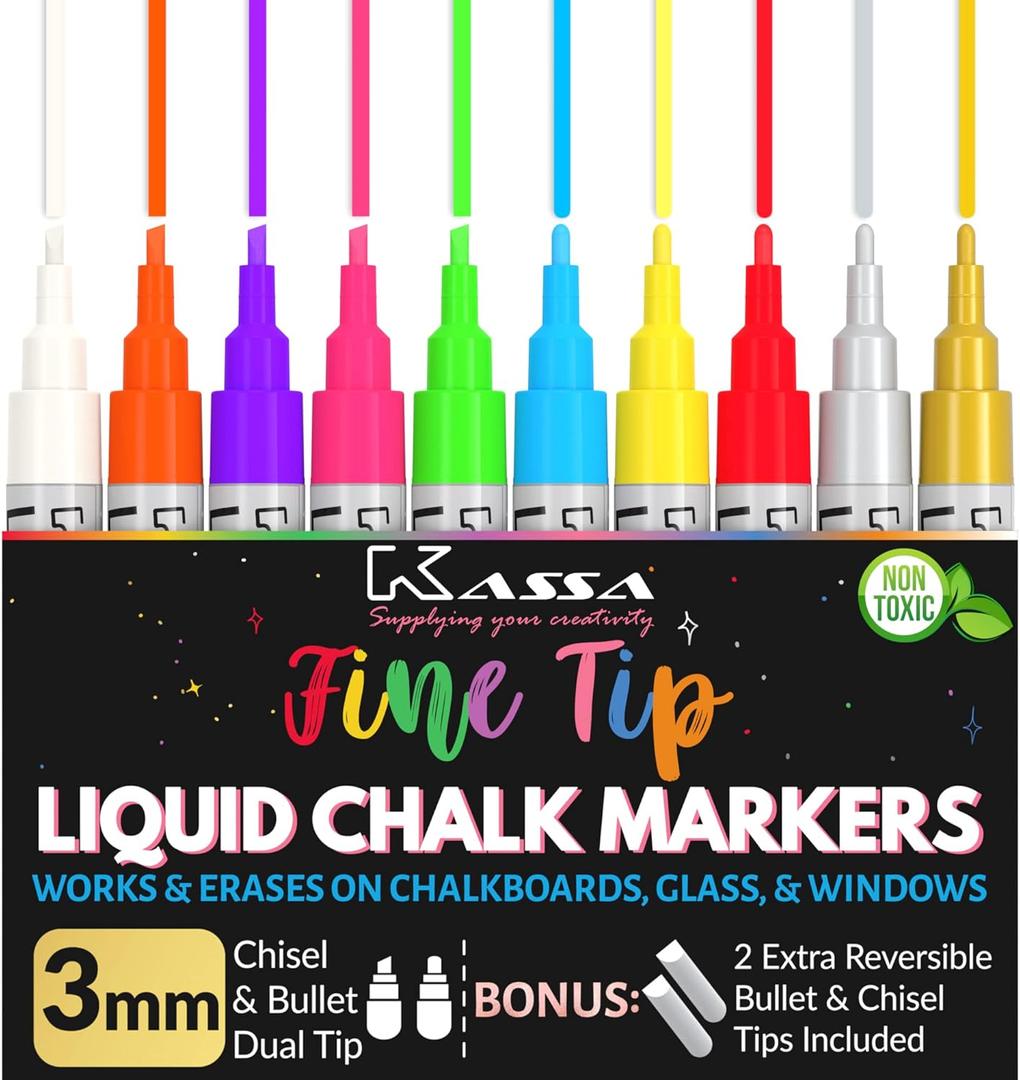 Kassa 10-Pack Neon Multicolor Chalk Markers | Includes Reversible Bullet & Chisel Tips | Works on Chalkboards, Windows, Glass or Mirrors |Ideal for Use at Home, & Office