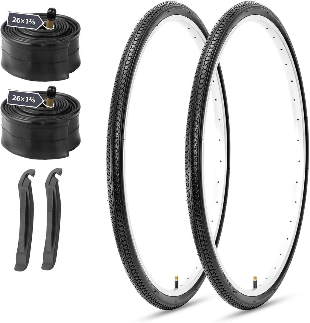MOHEGIA 26x1 3/8 Inch Bike Tires (37-590 mm) - 2-Pack Folding Replacement Tires with Inner Tubes, Schrader Valve & Tire Levers for Vintage Urban Bicycles