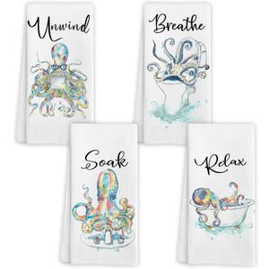 Coastal Beach Octopus Hand Towels for Bathroom Set of 4, Ocean Marine Octopus Relax Breathe Soak Unwind Decorative Hand Towels for Gym Yoga Spa Bathroom Kitchen Decor, 16x24 Inch