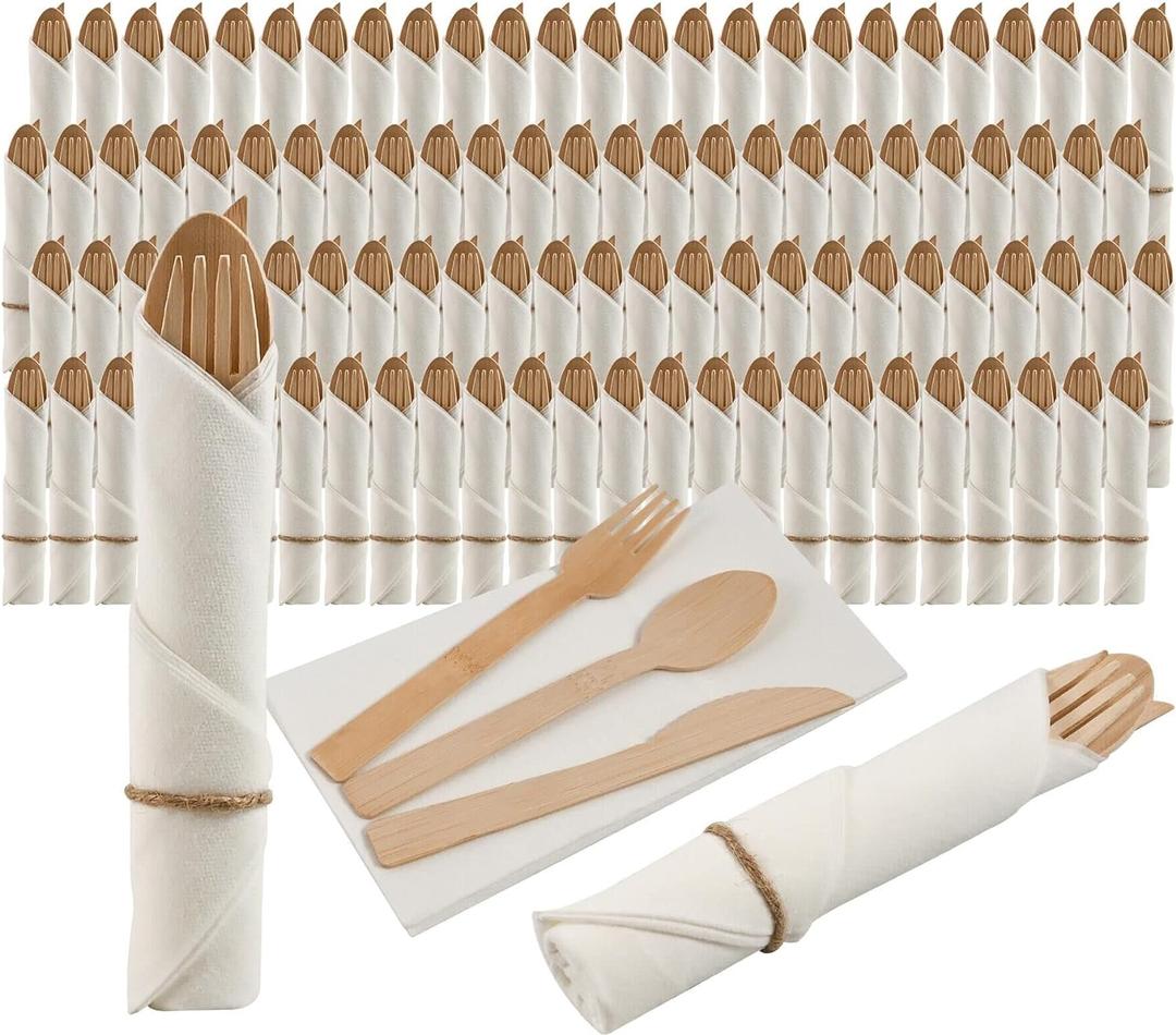 Pre Rolled Napkin and Bamboo Cutlery Set - 100Pack Bamboo Utensils/Compostable Cutlery(100 Forks, 100 Knives, 100 Spoons, 100 Napkins), Biodegradable Wrapped Cutlery for Party, Wedding, Events