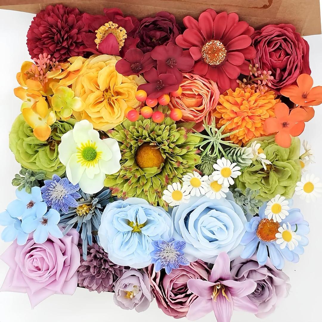 38pcs Artificial Flowers Bouquets Box Set for DIY Bridal Wedding Shower Decorations Rainbow Colorful Fake Floral Arrangements for Party Table Centerpieces Home Decor Indoor Outdoor