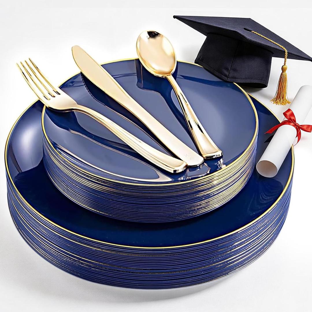 YOUBET 125PCS Blue Plastic Plates - Navy Blue Disposable Plates With Gold Rim Include 25 Dinner Plate, 25 Dessert Plate, 75 Gold Silverware Cutlery for Party & Wedding Graduation
