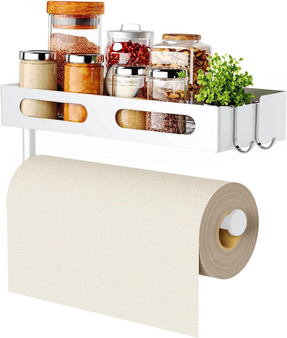 Paper Towel Holder Wall Mount for Kitchen, Paper Towel Holder with Shelf for Bathroom, RV Paper Towel Rack with 2 Hooks, White