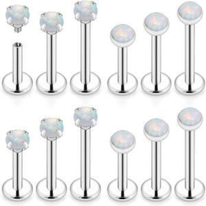 16G Internal Thread Flat Back Earrings Nose Studs 316L Surgical Steel Medusa Labret Monroe Lip Ring Tragus Forward Helix Conch Cartilage Lobe Earrings Stud Piercing Jewelry For Women Men Opal 12 PCS 16G-6MM/8MM/10MM Bar-2MM Opal