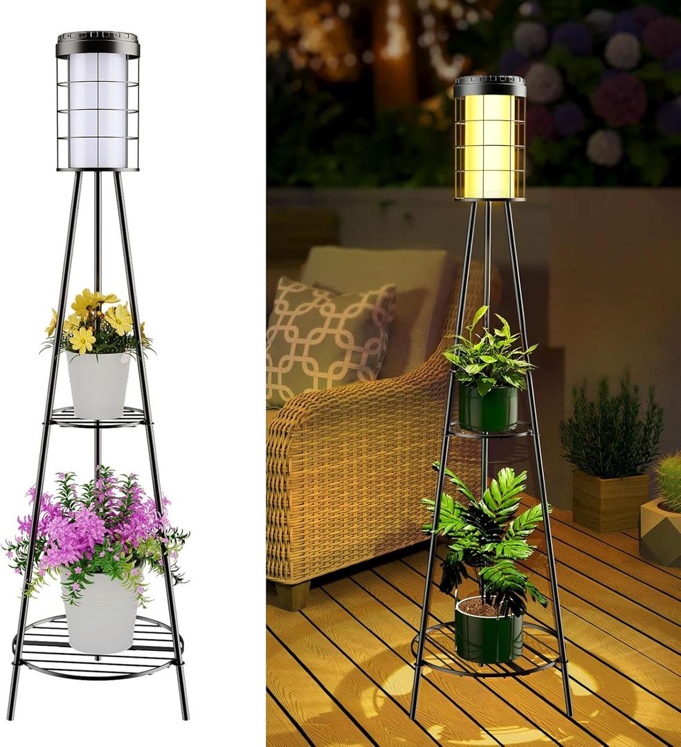 ROSHWEY Solar Lights Outdoor with 2 Tier Plant Stand, 2 Pack Solar Floor Lamps Waterproof with USB Charging, Metal Flower Shelf Solar Lights Landscape Lighting for Patio Porch Deck Yard Garden Decor