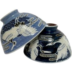 Japanese Mino Ware Ceramic Rice Bowl Set, Cranes Pattern, 4.9 Inches Diameter x H2.6 Inches, 13.5 Fluid Ounces Blue and Navy, Set of 2 from Japan(Cranes BL NVY)