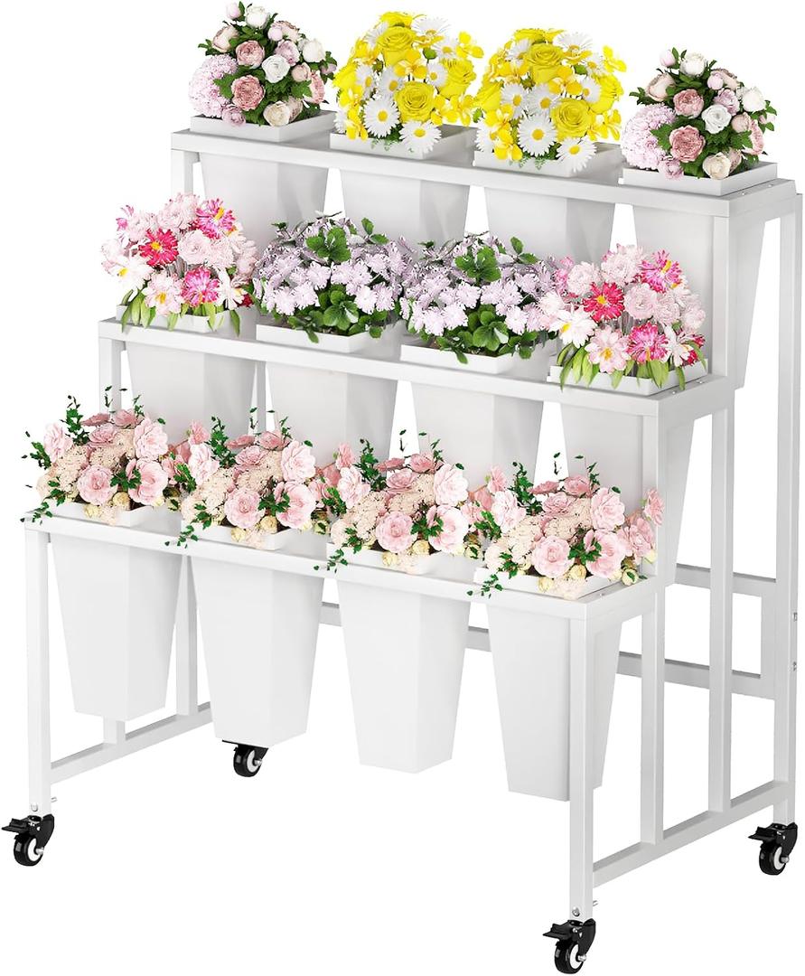 Flower Display Stand with 12 Buckets, 3 Layers Flower Bar, White Metal Plant Stand with Wheels, Heavy Duty Flower Cart for Indoor Outdoor Patio Garden Wedding Florist, White Metal Frame