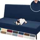 ZNSAYOTX Armless Futon Covers Full Size (67"-82") Stretch Sofa Bed Slipcover with Non-Slip Elastic Bottom, Thick Jacquard Futon Mattress Cover Soft Durable Washable Spandex Protector (Navy Blue)