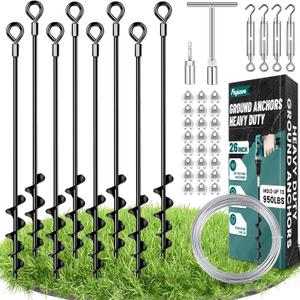 26" Ground Anchors Heavy Duty Shed Anchors Kit, Mobile Home Anchor Earth Anchor with 3/16" Galvanized Cable and Turnbuckles for Sheds Canopy Gazebo Trampoline Swing Set(8x26in)