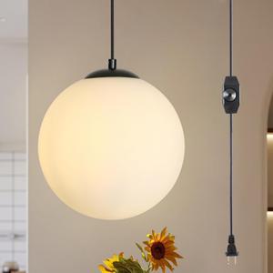 Plug in Globe Pendant Light, 10" Mid Century Modern Hanging Lamp with Switch, Black Globe Chandelier with Milk Glass for Bedroom Bedside, Couch Side, Coffee Corner, Entryway and Small Bar